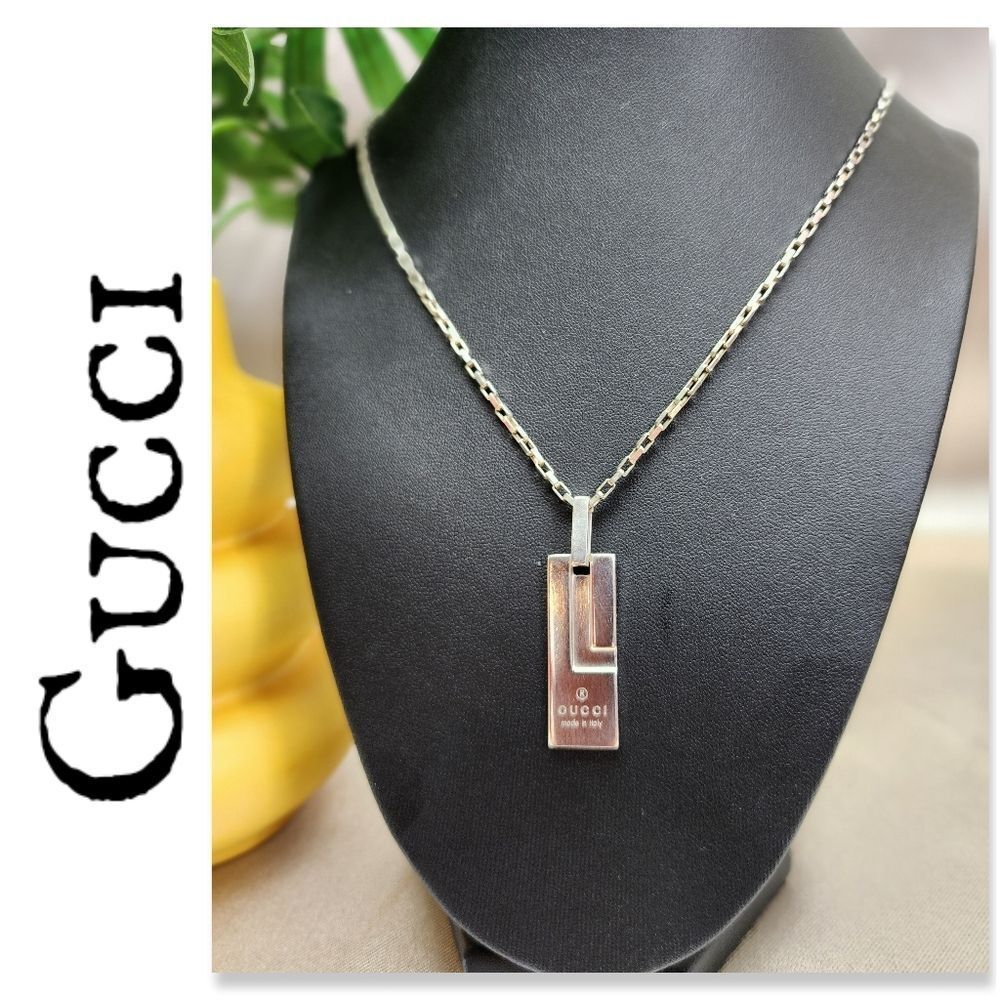 Authentic Gucci 925 Silver Bar Pendant Necklace W/ Dust Bag